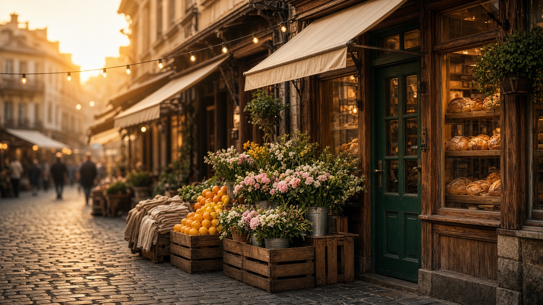 Late light on a street of small shops, flowers, and a bakery